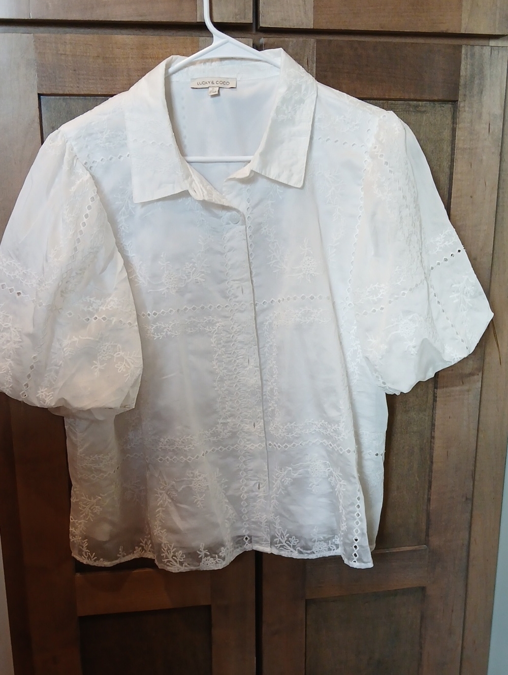 White Eyelet Puff-Sleeve Button-Up Top
